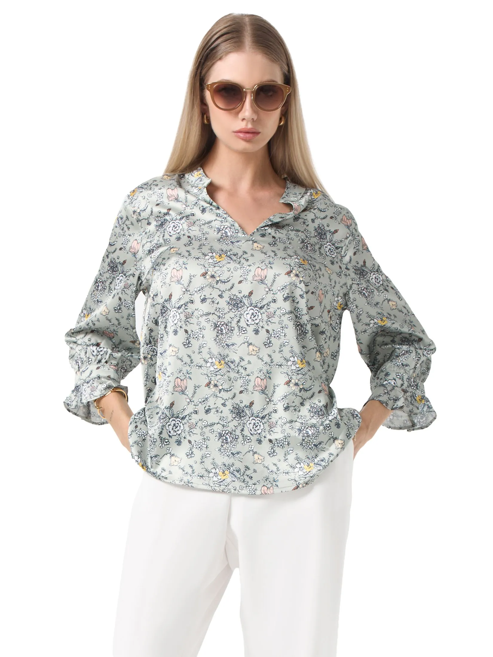 ESPADA V-neck Blouses Floral Prints Women Light green Size - L