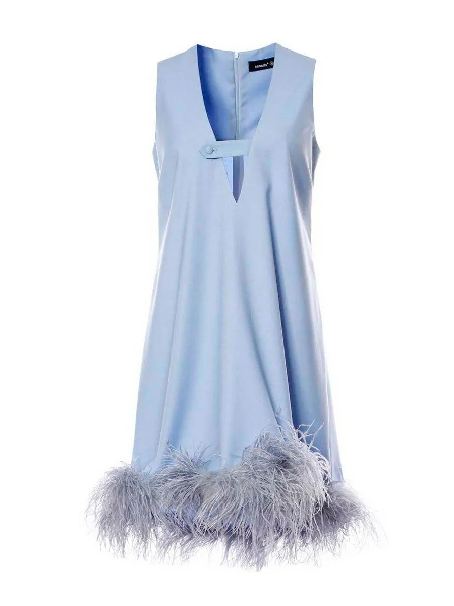SENADA WOMEN PLUNGE NECK FUR TRIMMED LIGHT BLUE DRESS