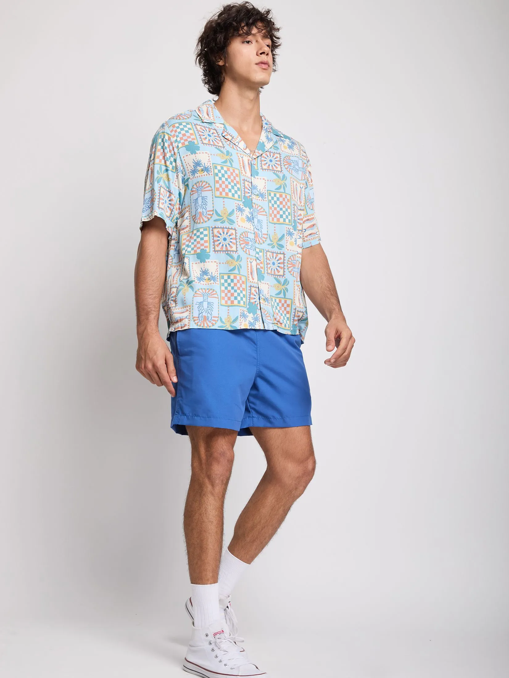 DEFRY 01 Men Shirt Short Sleeves Hawaiian Style Blue