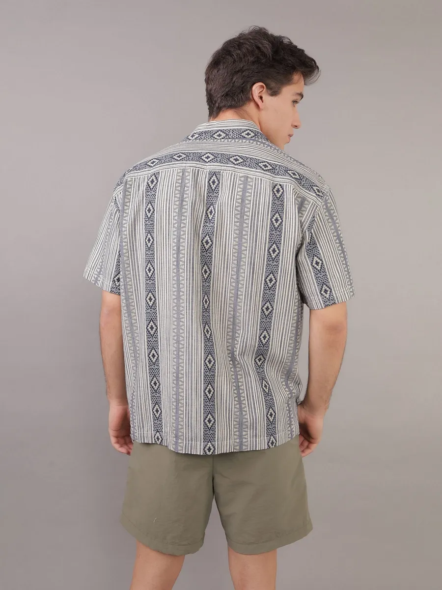 AMERICAN EAGLE MEN SS OVERSIZED CAMP COLLAR HORATIO DOBBY 425 STEEL BLUE