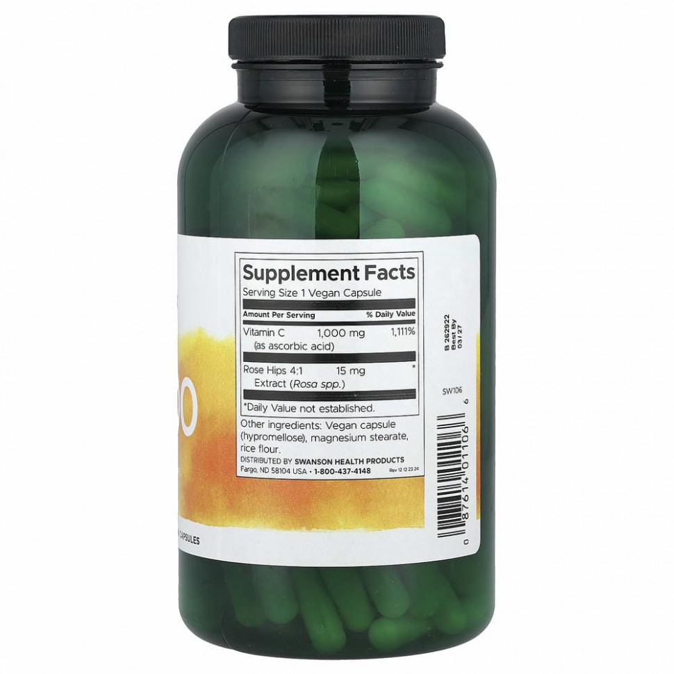Swanson, витамин С с плодами шиповника, 1000 мг, 250 капсул