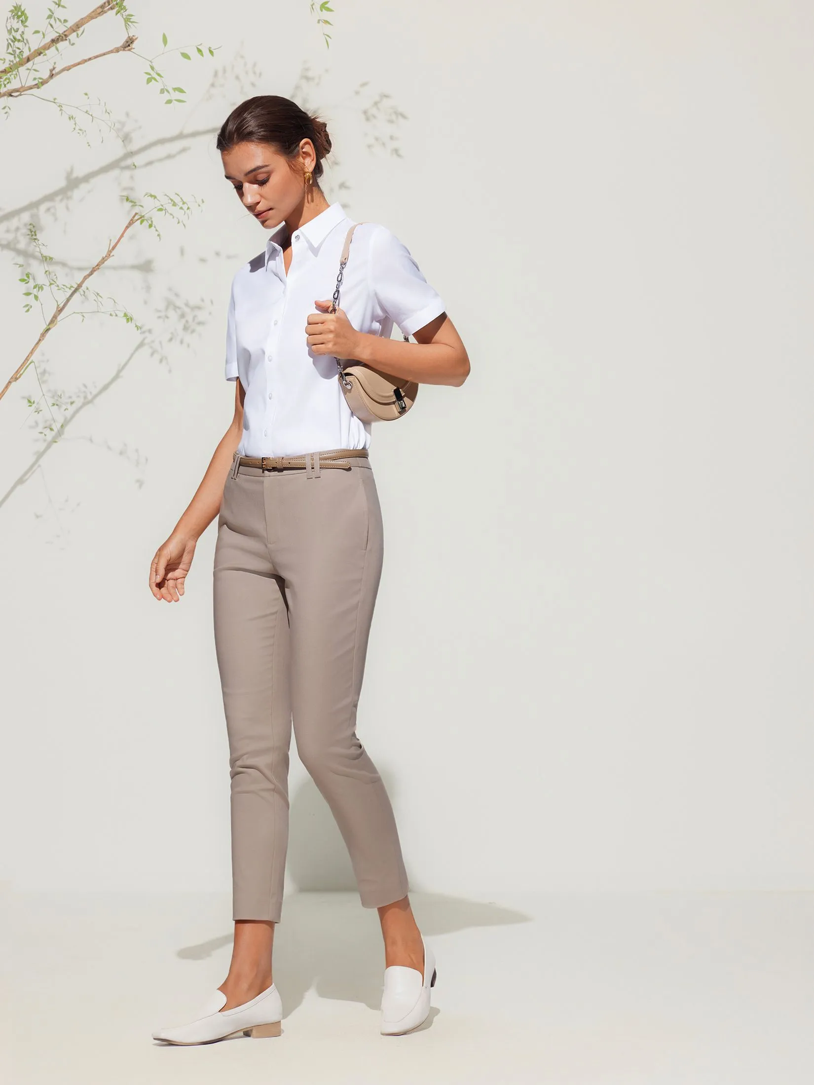 G2000 Women Clothing Cotton Blend Cropped Skinny Casual Pants With Belt Cropped Skinny Shape - Brown