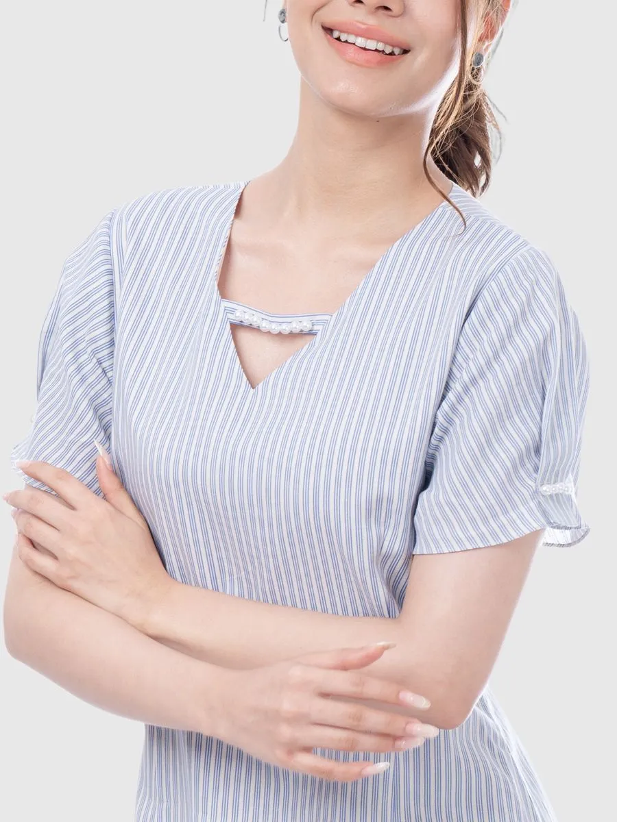 AMILA Women Dress Linen Cotton Blue