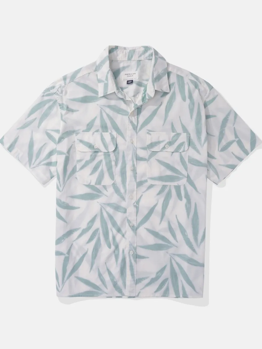 AMERICAN EAGLE MEN PALMER LEAVES SS OVERSIZED CSC 32S POPLIN REVERSE PRINT 333 JADE