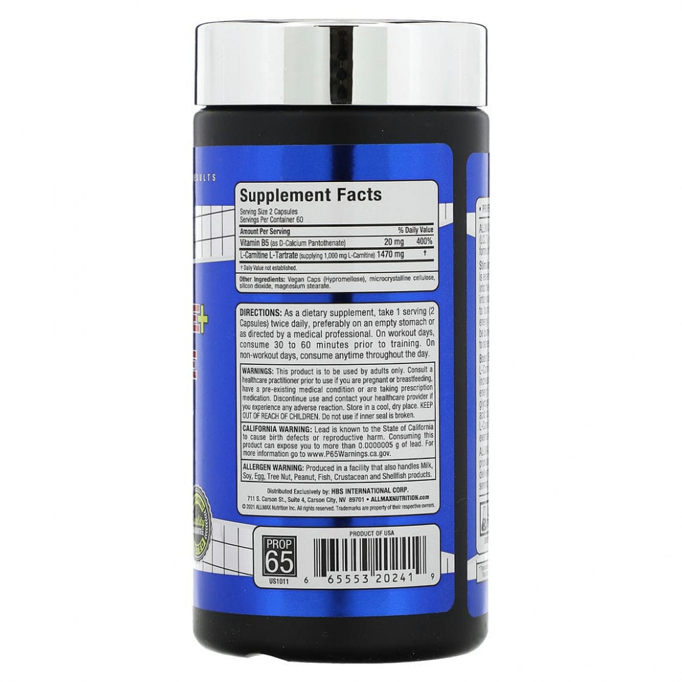 ALLMAX Nutrition, L-карнитин и тартрат, 120 капсул