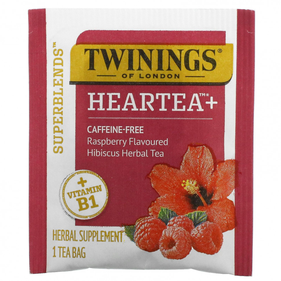 Twinings, Superblends, Heartea с витамином B1, малина, травяной чай из гибискуса, без кофеина, 16 чайных пакетиков, 32 г (1,12 унции)