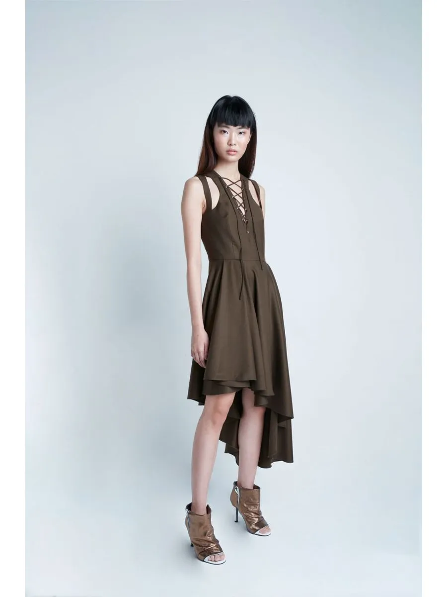 SENADA WOMEN EYELET OLIVE ASYMMETRIC DRESS