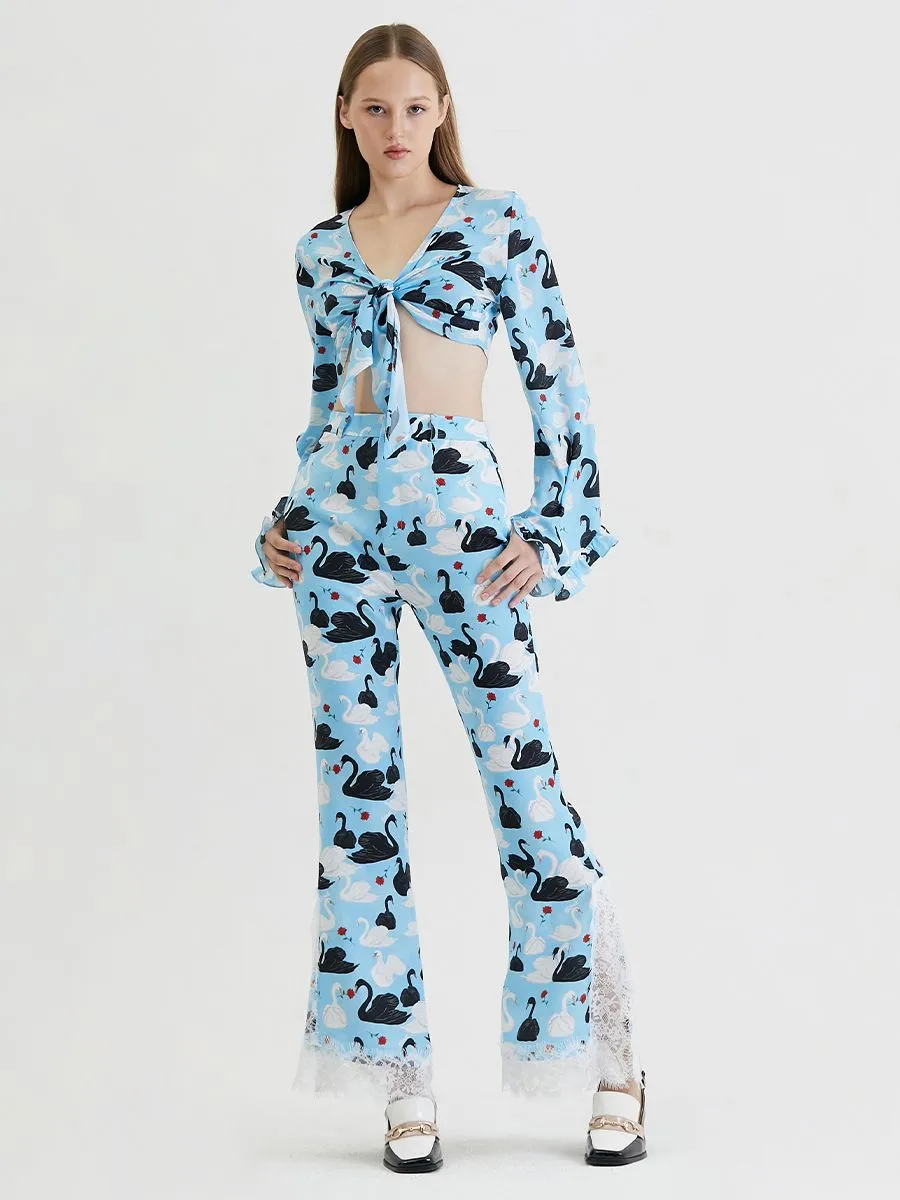 KLOSET (RS24) Swan Print With Lace Pants Blue Size - M