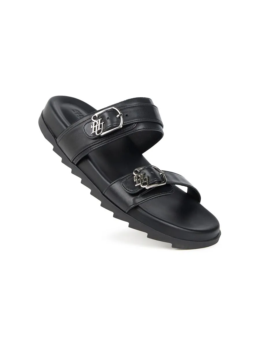 SHU WOMEN SOFASOFT SIGNET DUO-BELT SANDALS BLACK