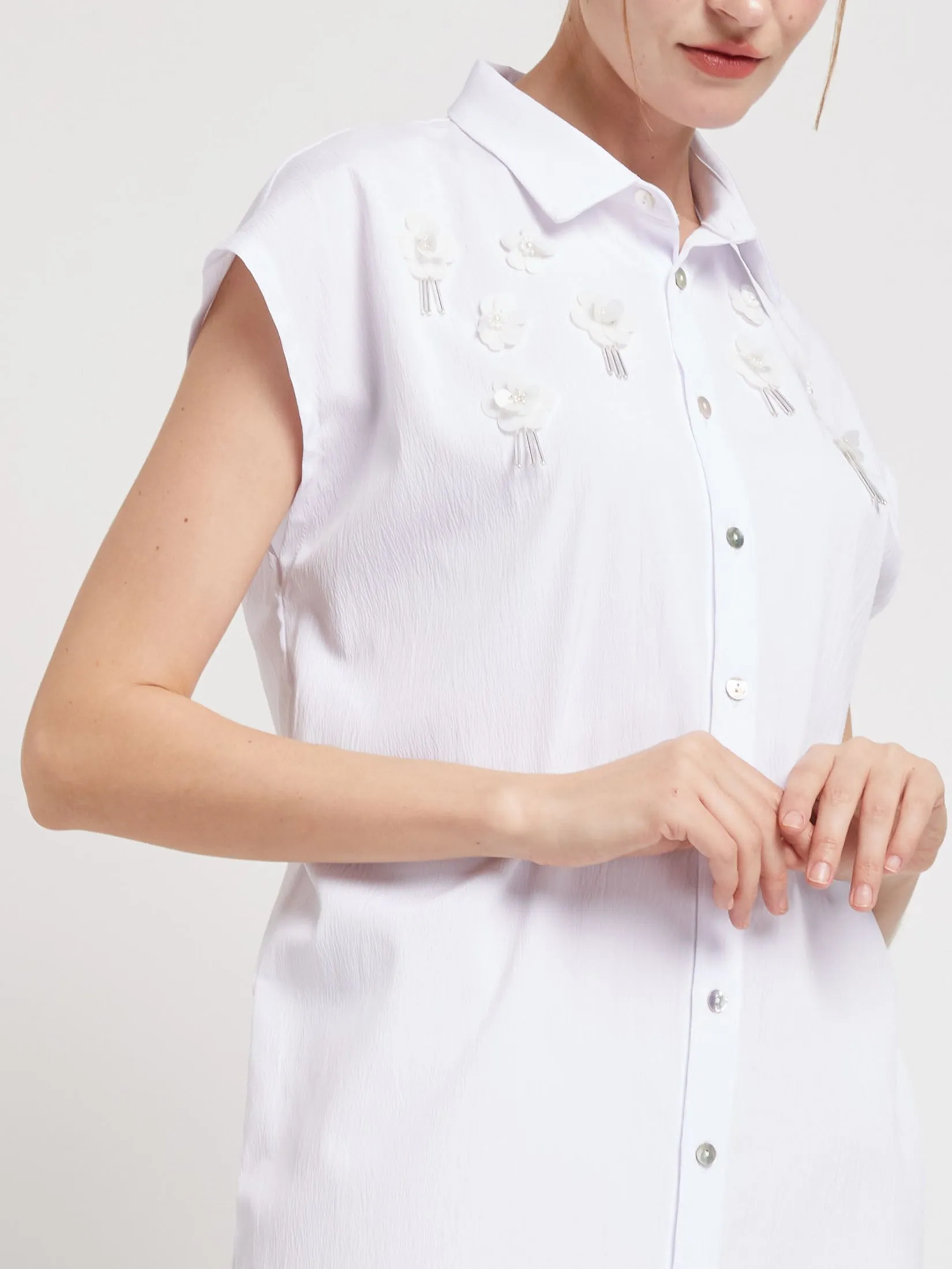 FOF Women Dress Short Sleeves Collar Neck with Flower Detail