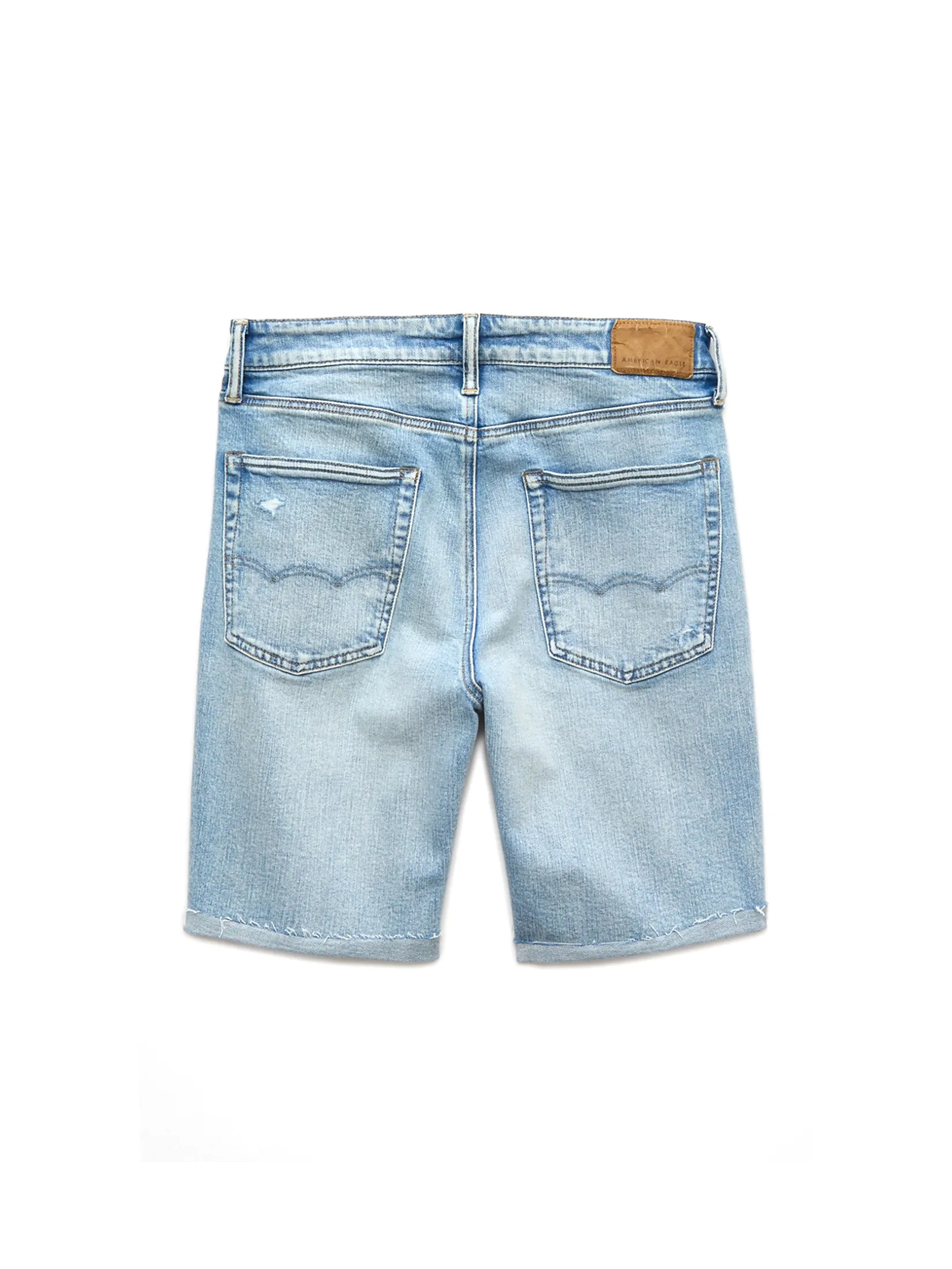 AMERICAN EAGLE MEN LIGHT W/ GLUEBACK DENIM CUTOFF SHORT - CUT & CUFF 943 DESTROYED BRIGHT