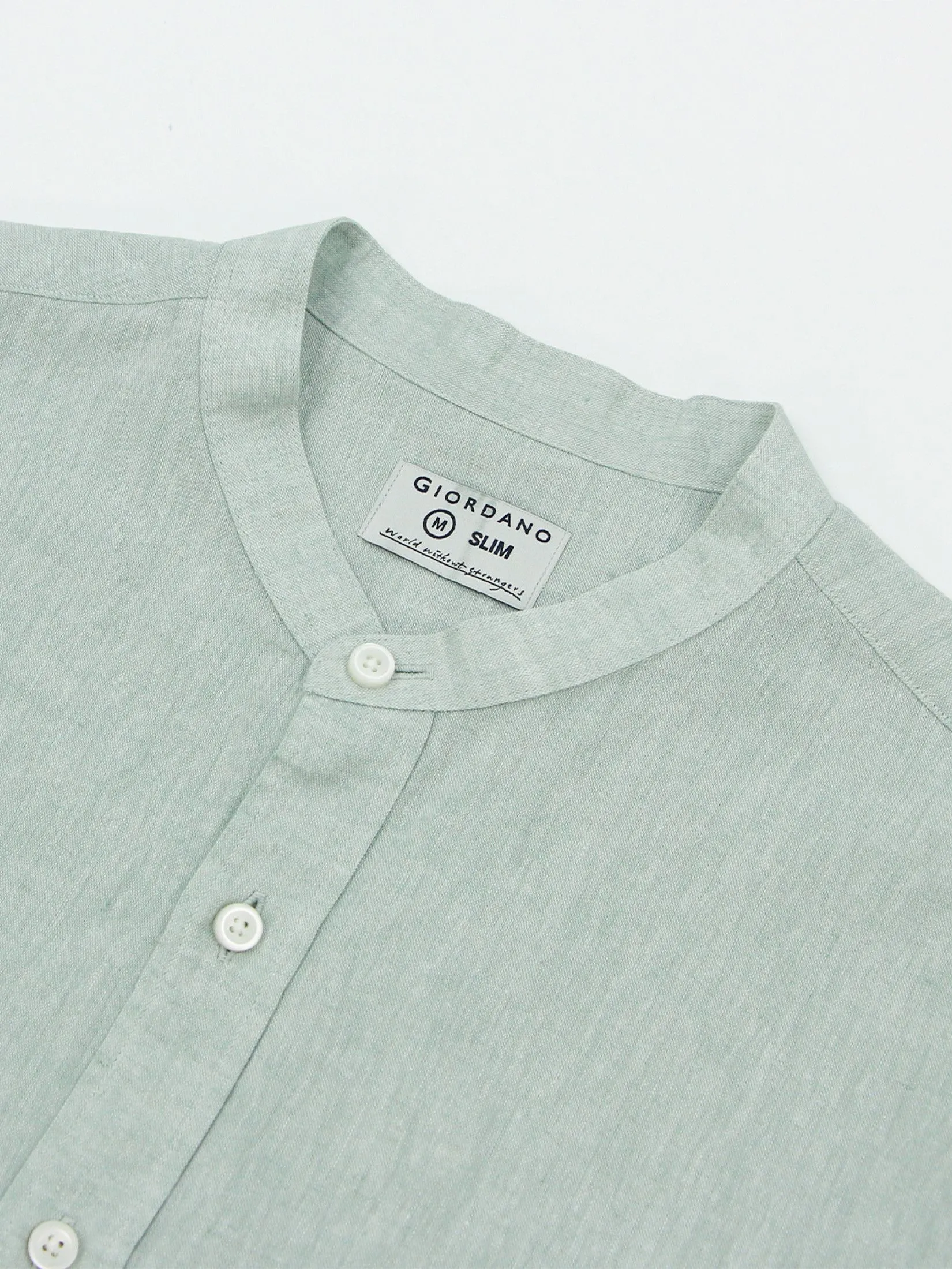 GIORDANO Men's Slim Mandarin Collar Linen Shirt Aqua Gray green