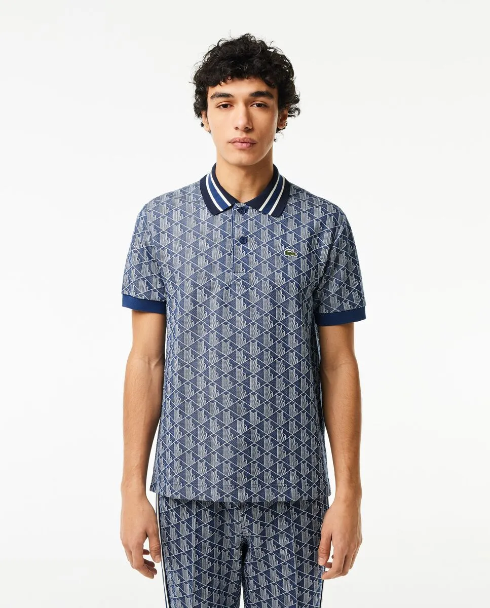 LACOSTE Navy Blue Classic Fit Contrast Collar Monogram Motif Polo Shirt