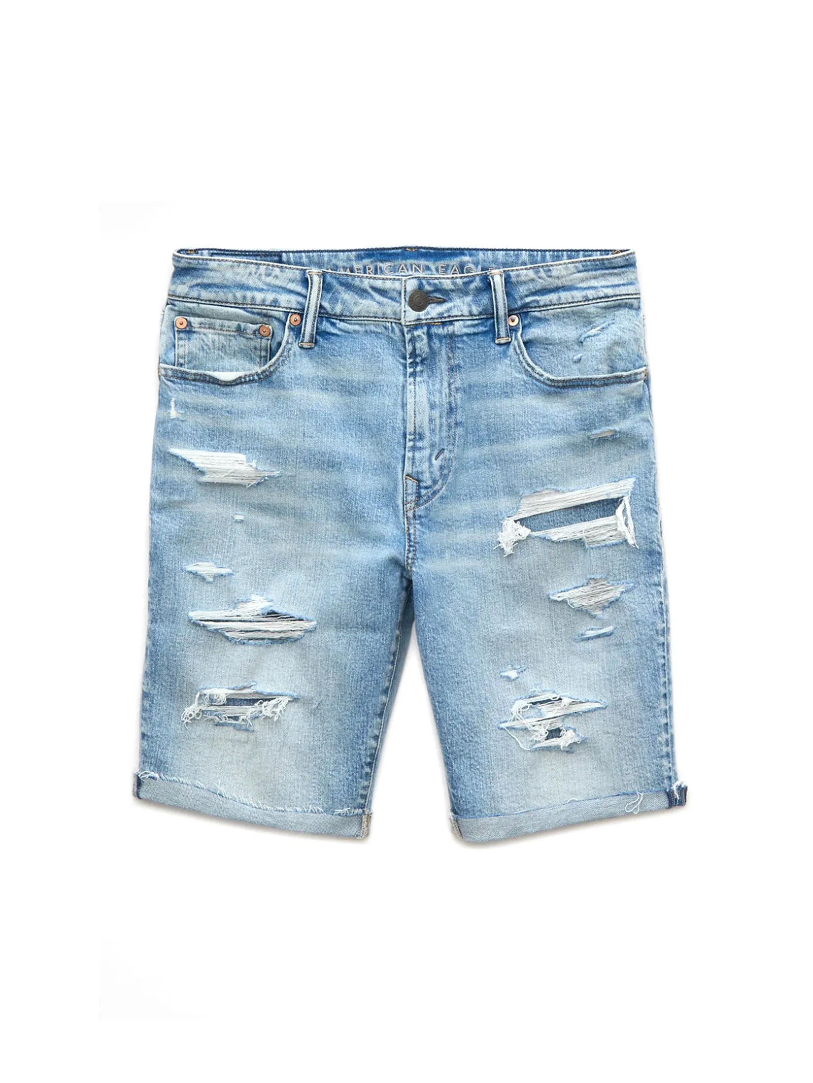 AMERICAN EAGLE MEN LIGHT W/ GLUEBACK DENIM CUTOFF SHORT - CUT & CUFF 943 DESTROYED BRIGHT