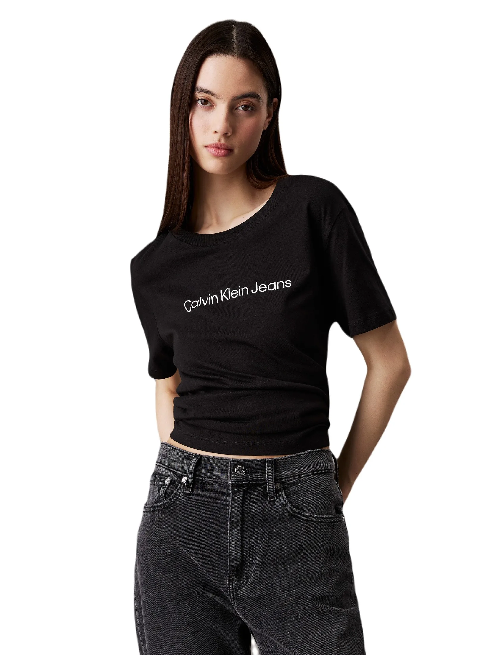 CALVIN KLEIN Women s Institutional Logo Straight Fit Short Sleeve T-Shirt Black