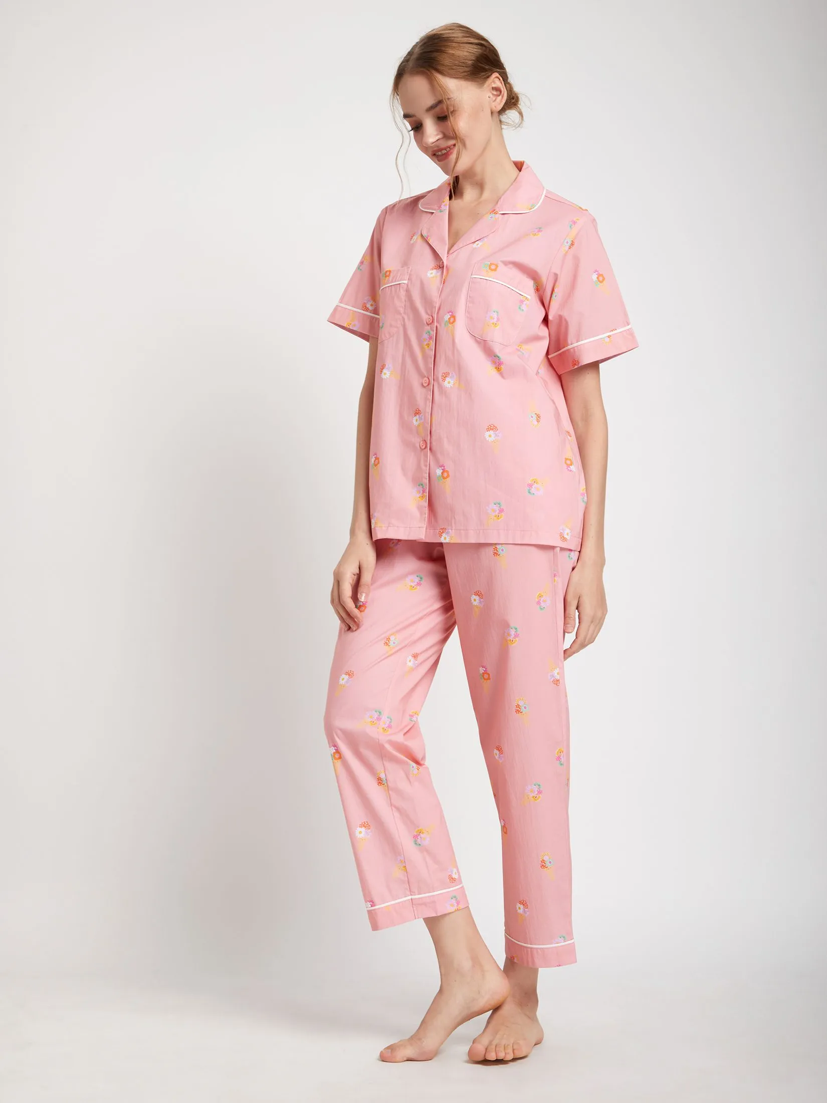FOF Women Pyjamas Shirt Short Sleeves Collar Neck + Pants Ice Cream Print Pink
