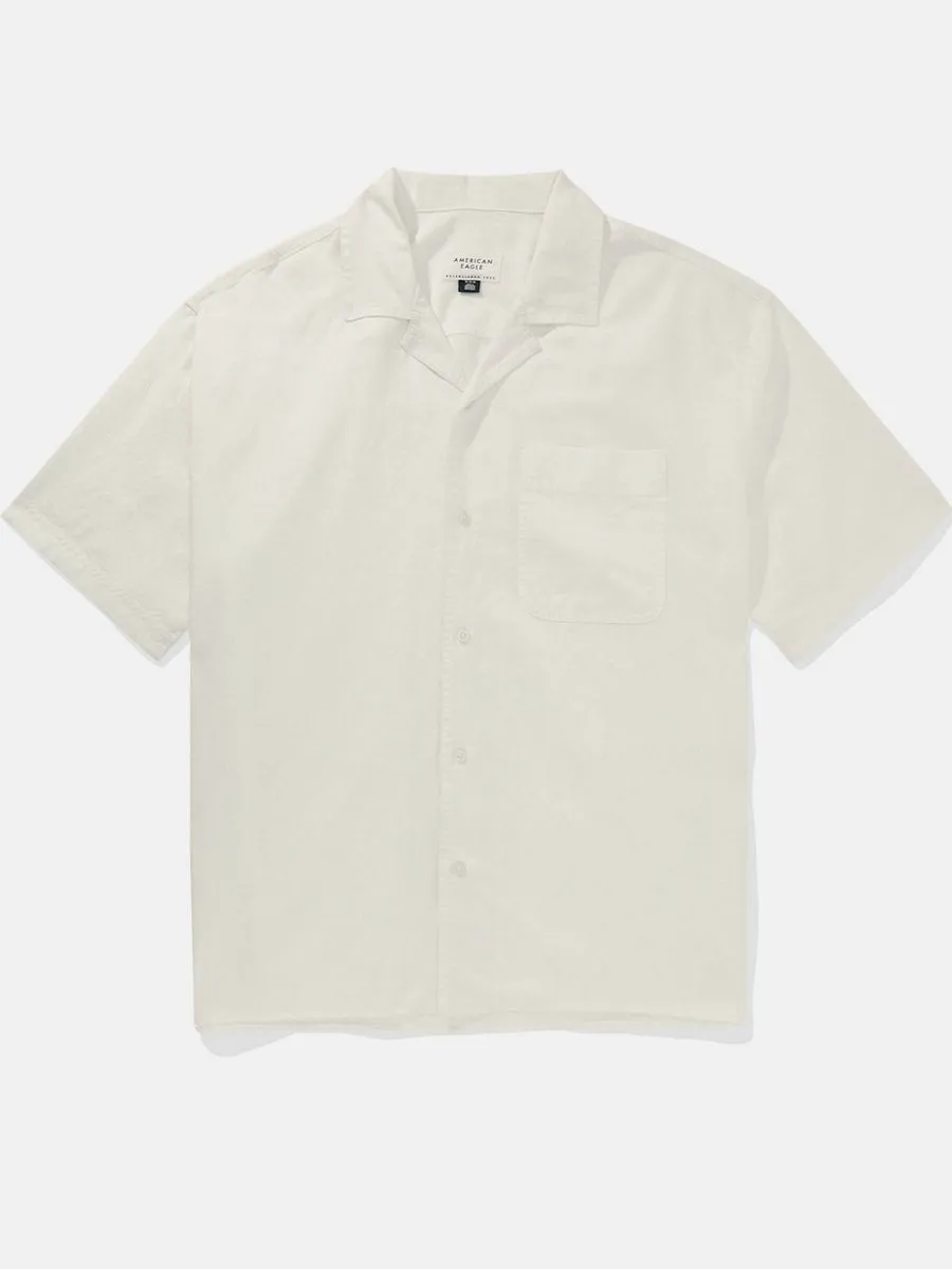 AMERICAN EAGLE MEN SS OVERSIZED CAMP COLLAR LINEN SOLIDS 101 AIR WHITE