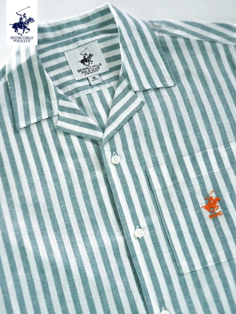 BEVERLY HILLS POLO CLUB Men Cotton Linen Open Collar Shirt Short Sleeve, Striped