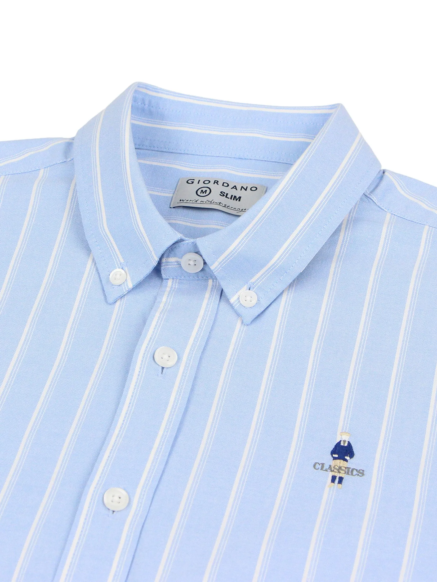 GIORDANO Men's Slim Embroidery Stretch Oxford Shirts (Classic Man) Blue x White
