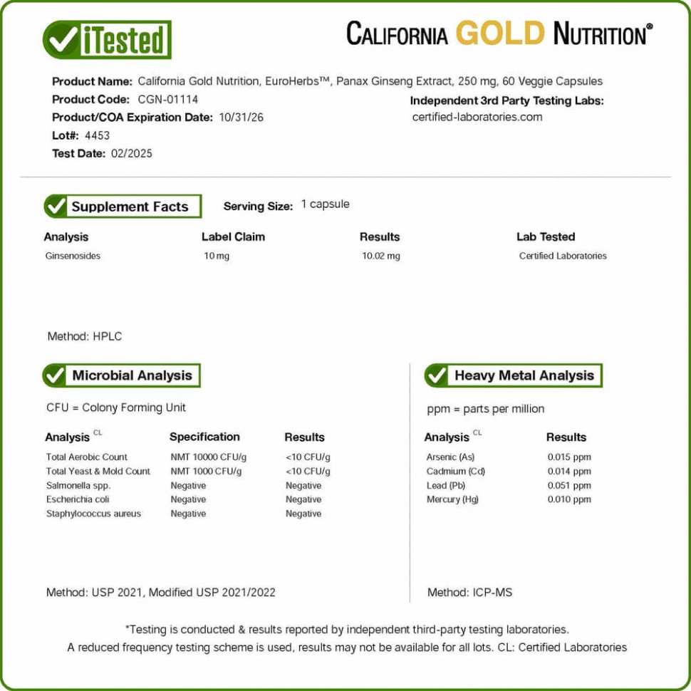 California Gold Nutrition, EuroHerbs, экстракт женьшеня азиатского, 250 мг, 60 растительных капсул
