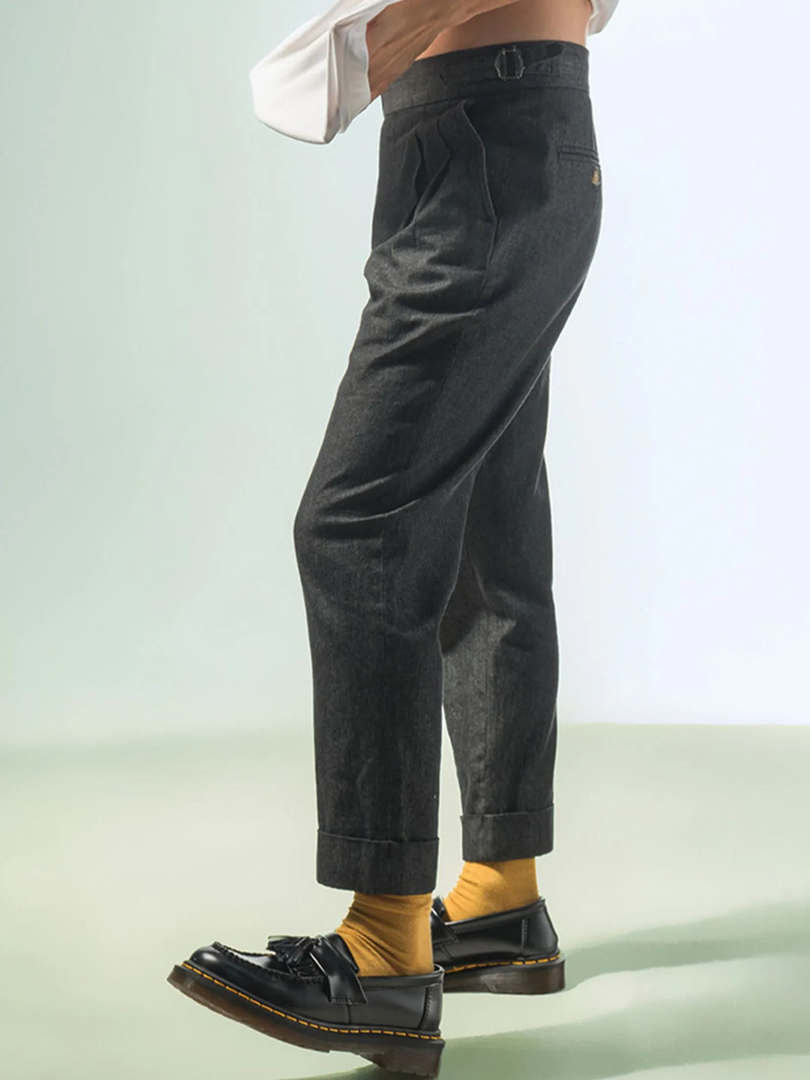 ERA-WON Men's Double belts trousers skinny crop fit Black