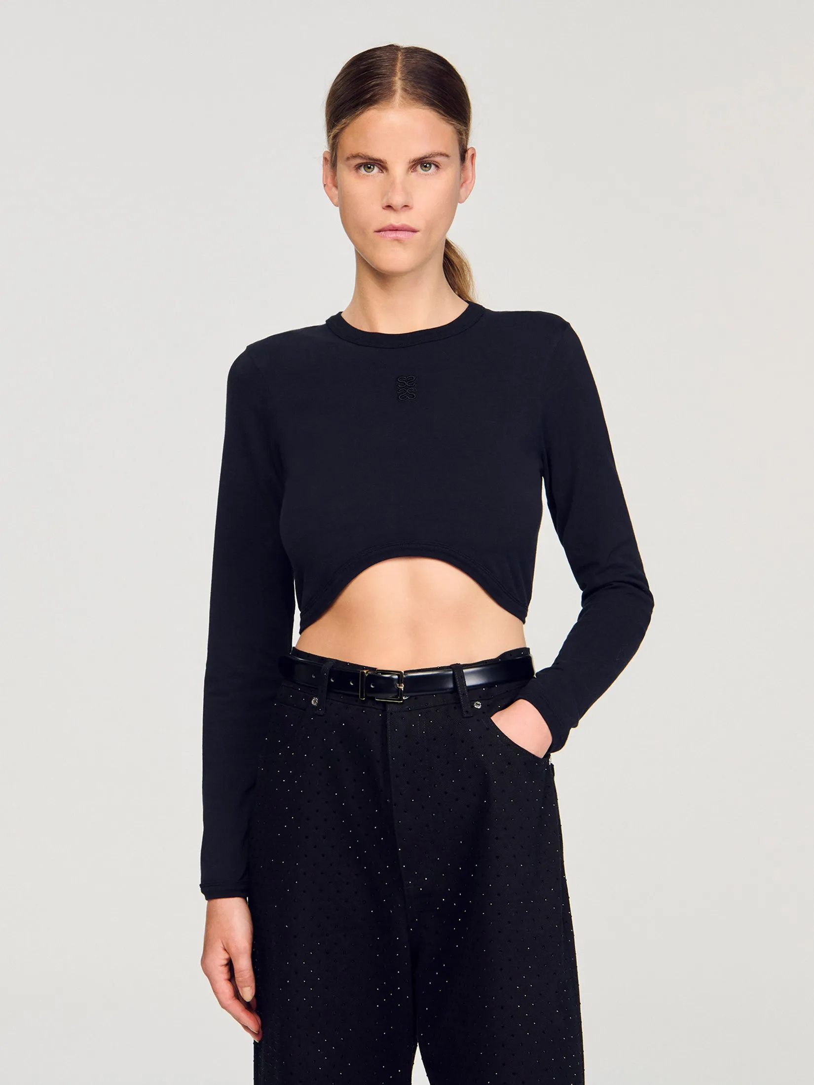 SANDRO Cropped Embroidered T-Shirt