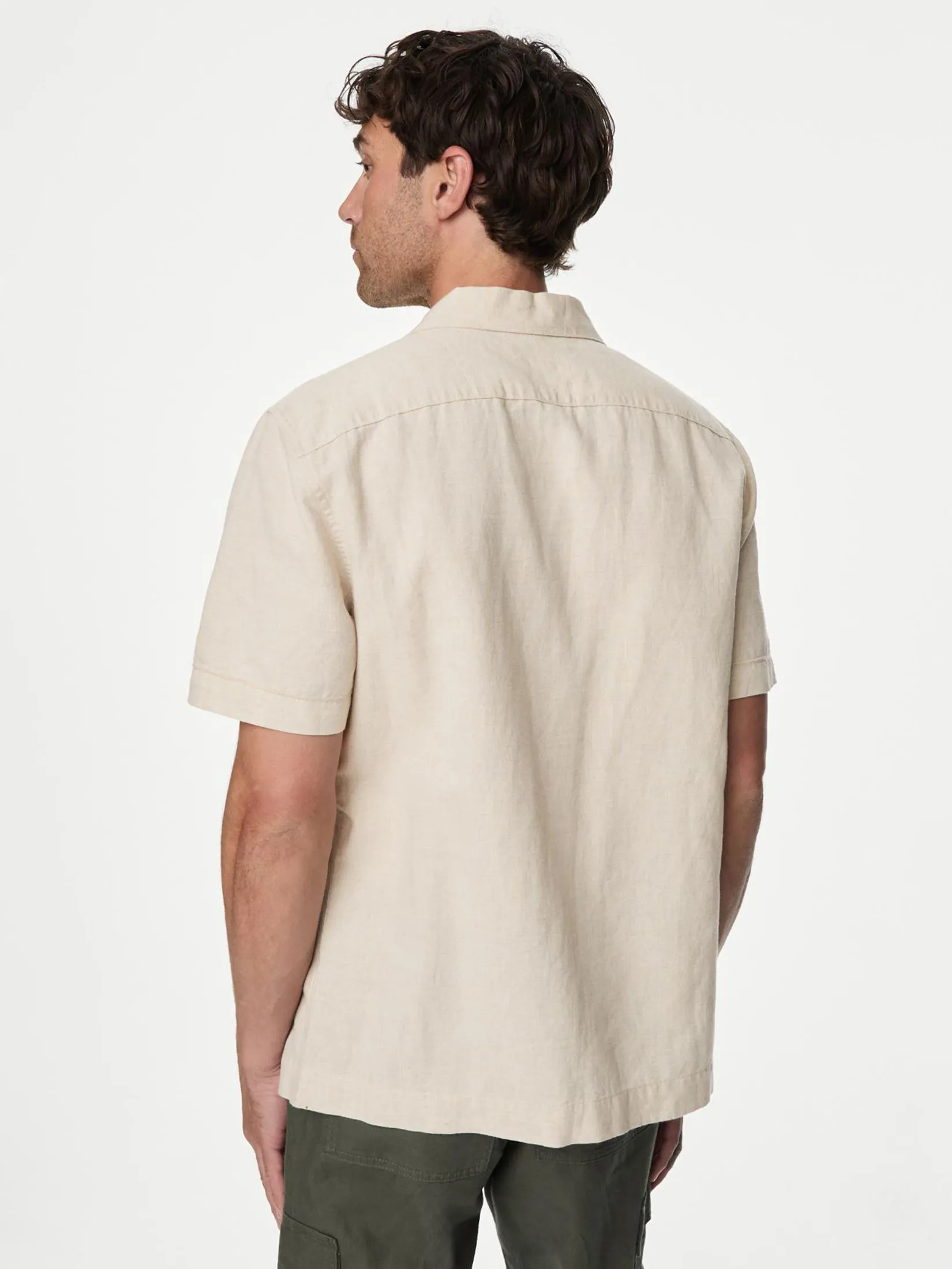 MARKS & SPENCER Men Shirt Short Sleeves Cotton Linen Blend Cuban Collar NB_ECRU MIX