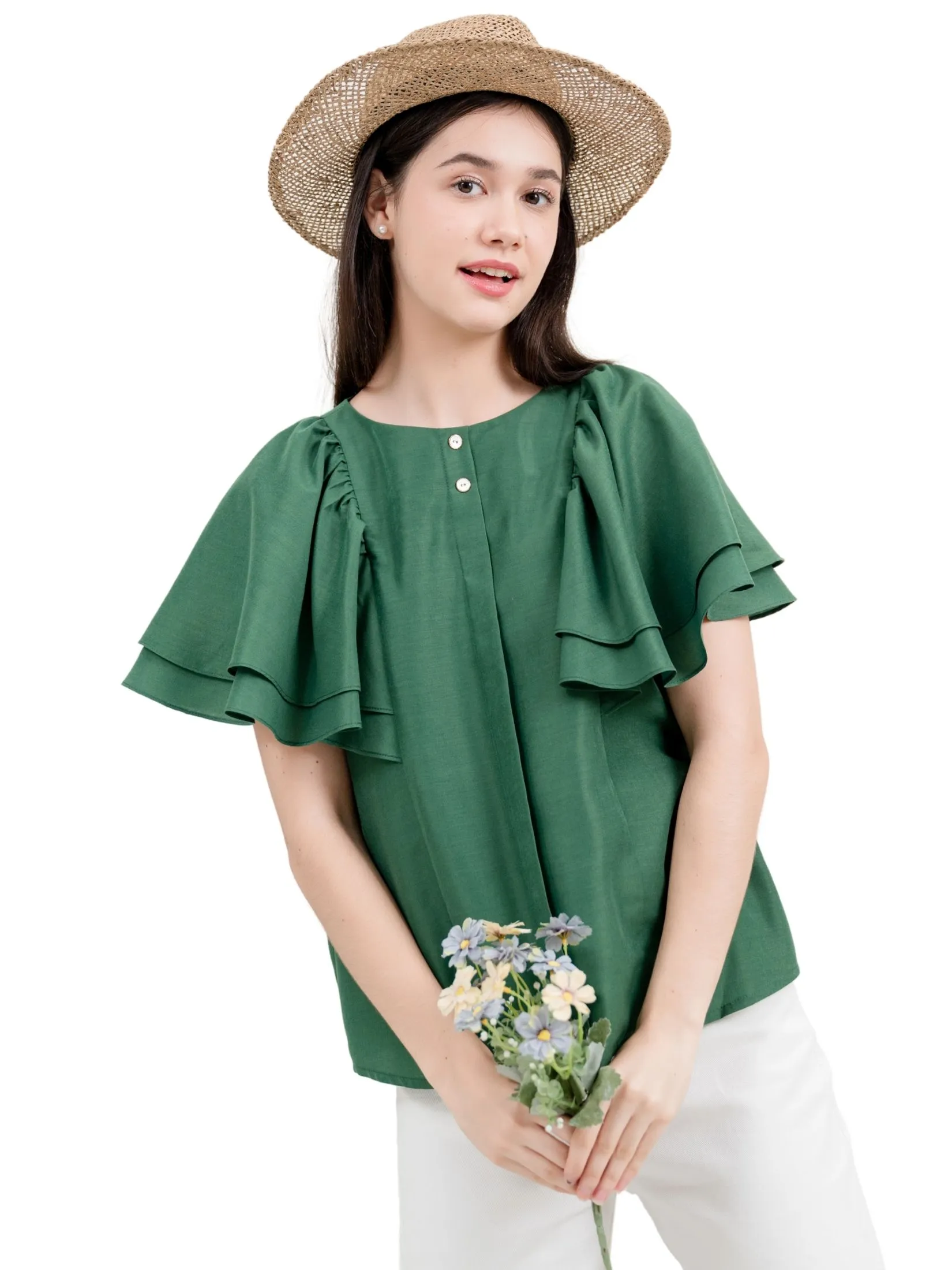 AMILA Women Blouse Short Sleeves Cotton Silk Green