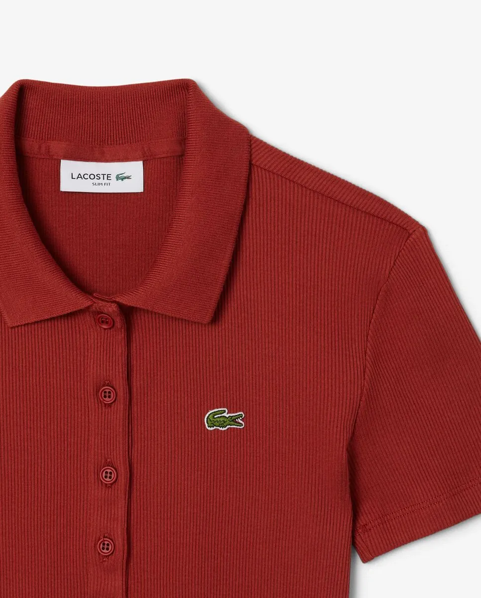 LACOSTE Slim Fit L.12.D Ribbed Cotton Polo Shirt Brown
