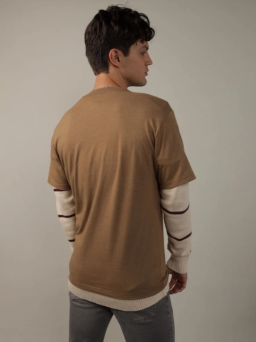 AMERICAN EAGLE MEN G SS CORE BRAND SET IN TEE- CVC FAUX HTHR + SERIOUSLY SOFT WASH 200 BROWN