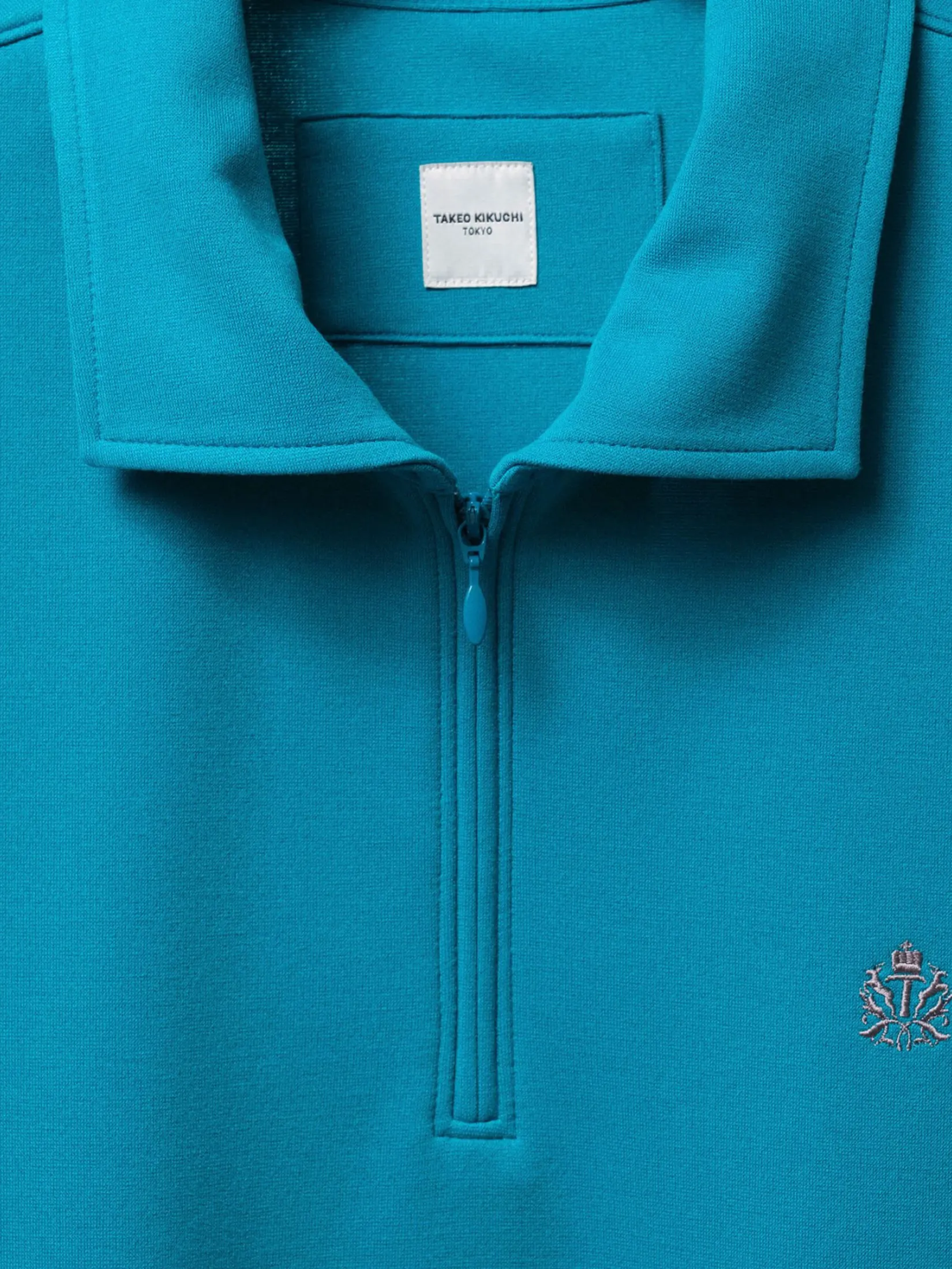 TAKEO KIKUCHI MEN BLUE STRETCH PUNCH FABRIC ZIPPER POLO SHIRT