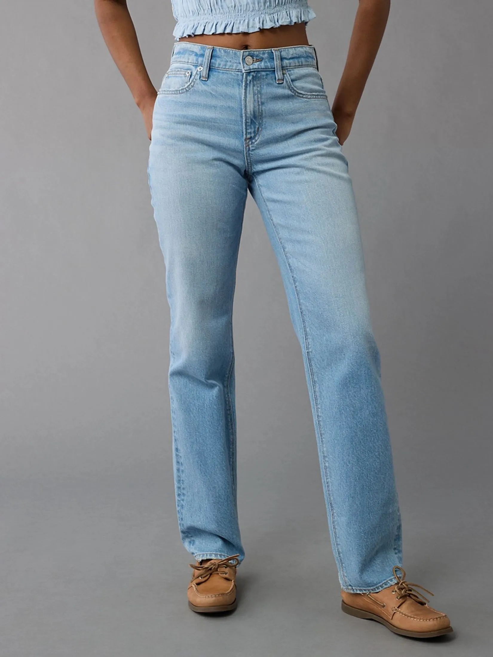 AMERICAN EAGLE WOMEN SUPER HIGH-RISE STRAIGHT JEANS 953 LIGHT REPAIR