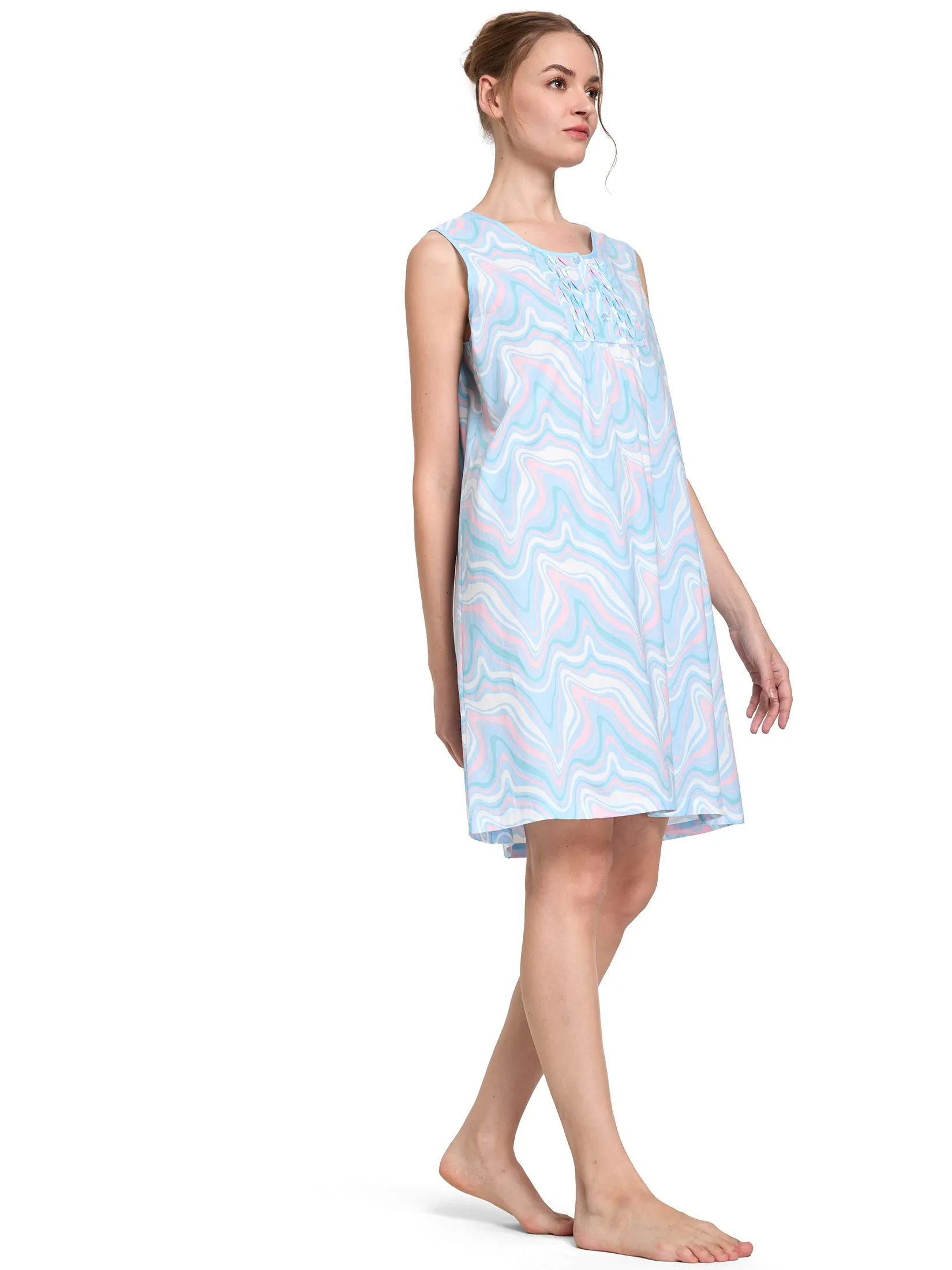 CLAUDIA'S ROMANCE Women Pyjamas Dress Sleeveless Round Neck Marble Swirl Light Blue