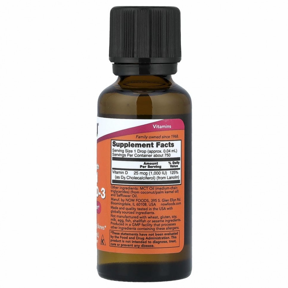 NOW Foods, жидкий витамин D-3 с повышенной силой действия, 1000 МЕ, 30 мл (1 жидк. унция)