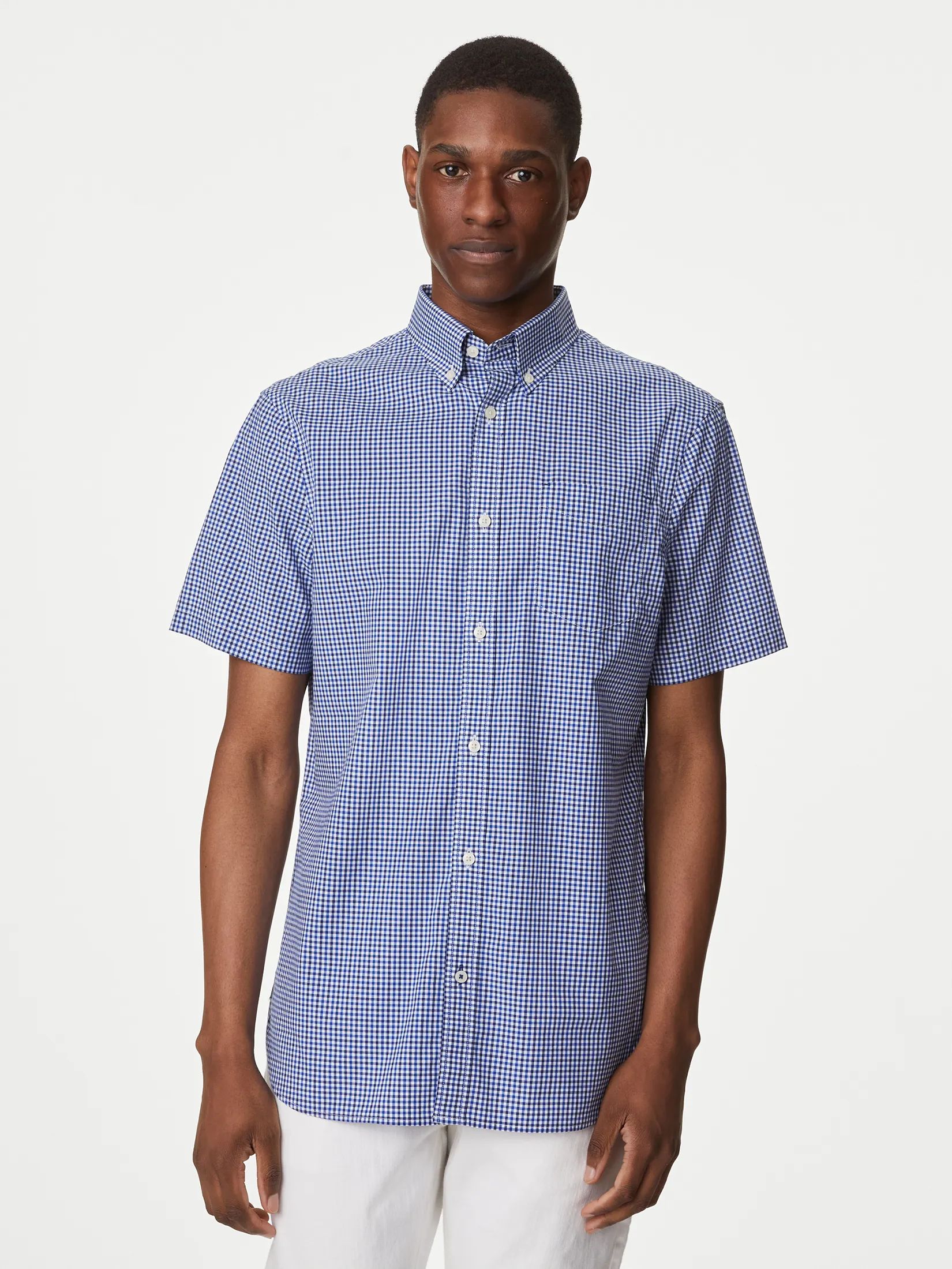 MARKS & SPENCER Men Shirt Short Sleeves Easy Iron Cotton Stretch Gingham Check Oxford Print