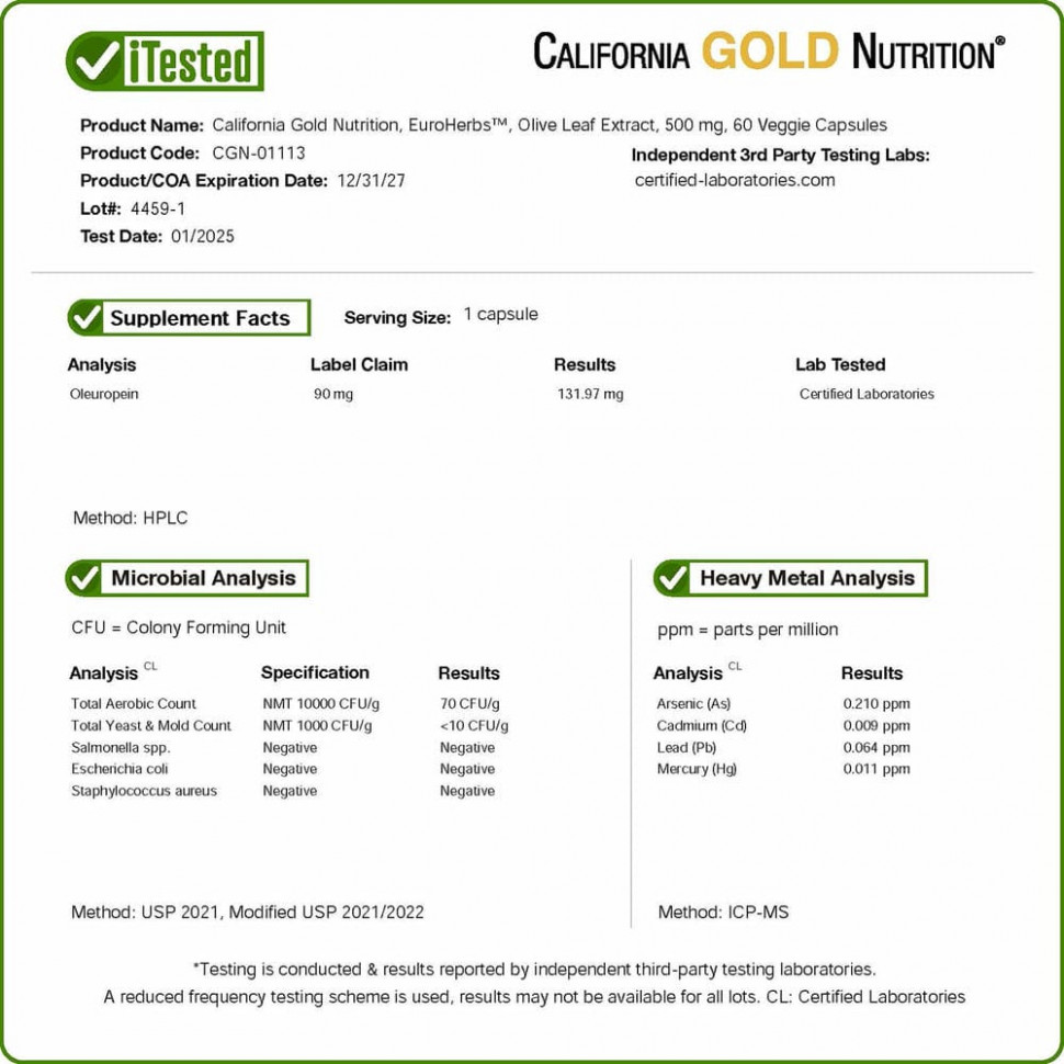 California Gold Nutrition, EuroHerbs, экстракт листьев оливкового дерева, европейское качество, 500 мг, 60 растительных капсул