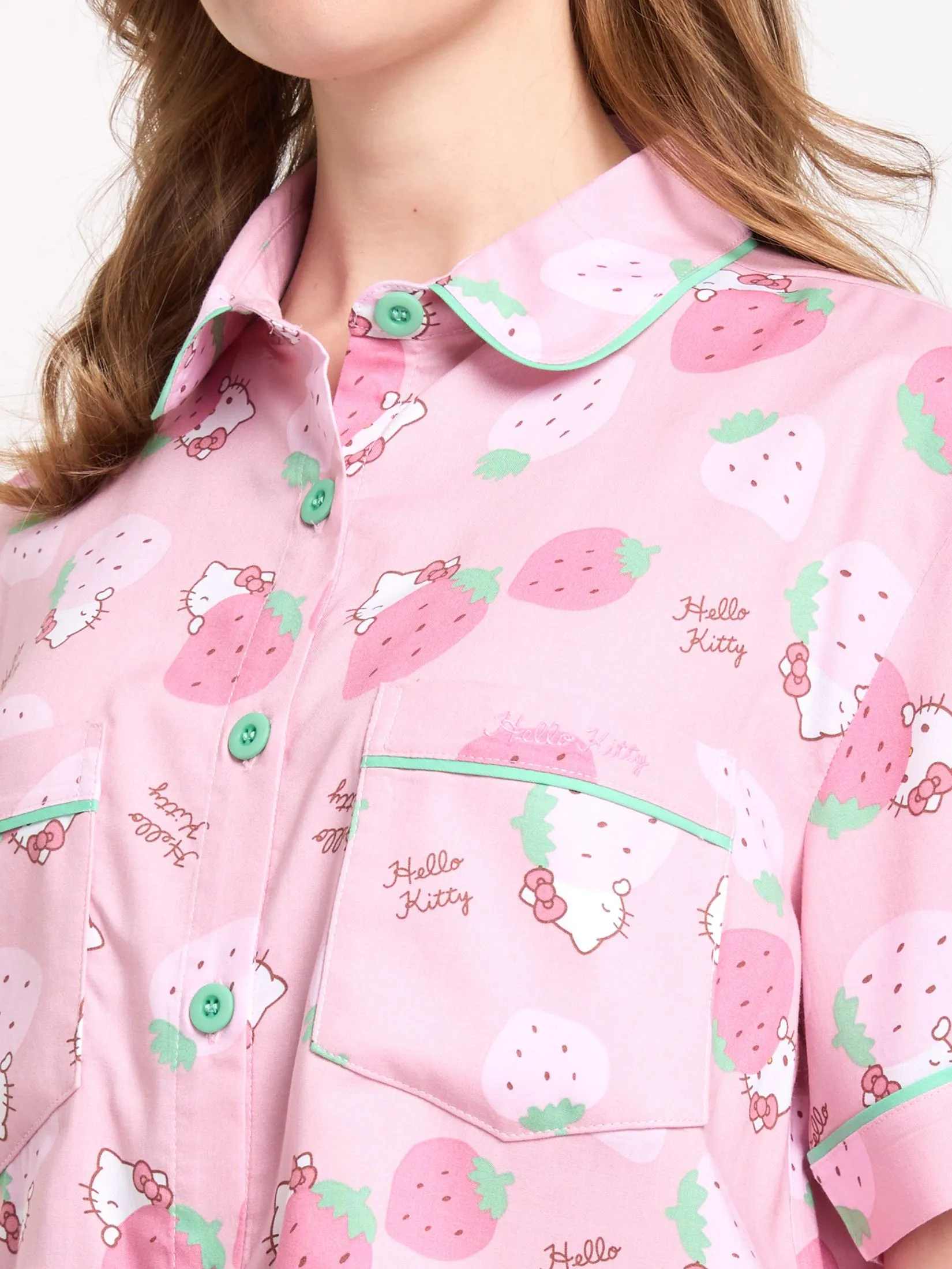 SANRIO Women Pyjamas Shirt Short Sleeves + Cropped Pants Strawberry Hello Kitty Pink