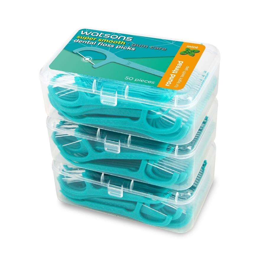 Watsons Super Smooth Mint Round Thread Dental Floss Picks 50s x 3 Boxes.