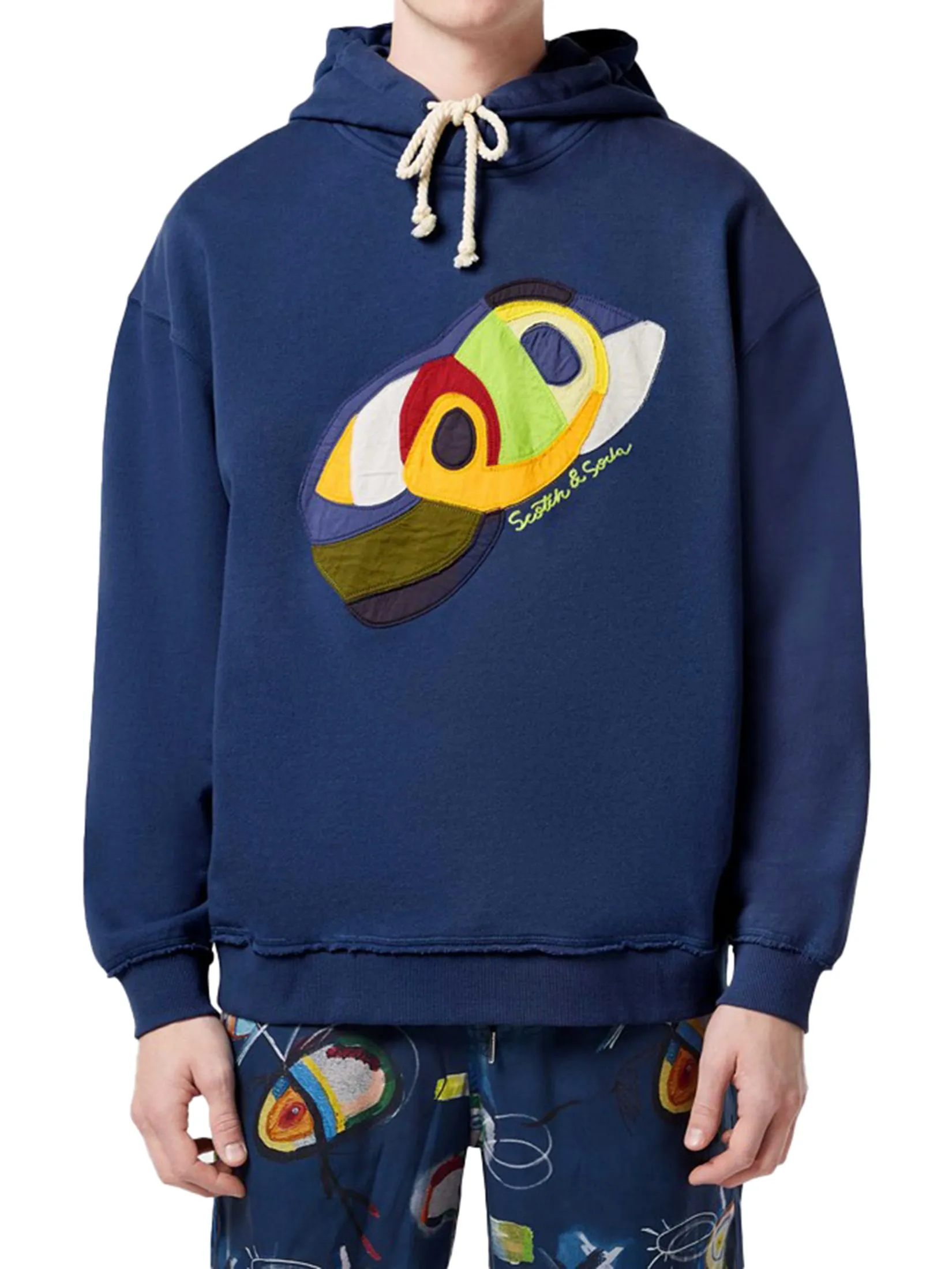 SCOTCH&SODA Men Hoodie Loose Fit Applique Atlantic Blue