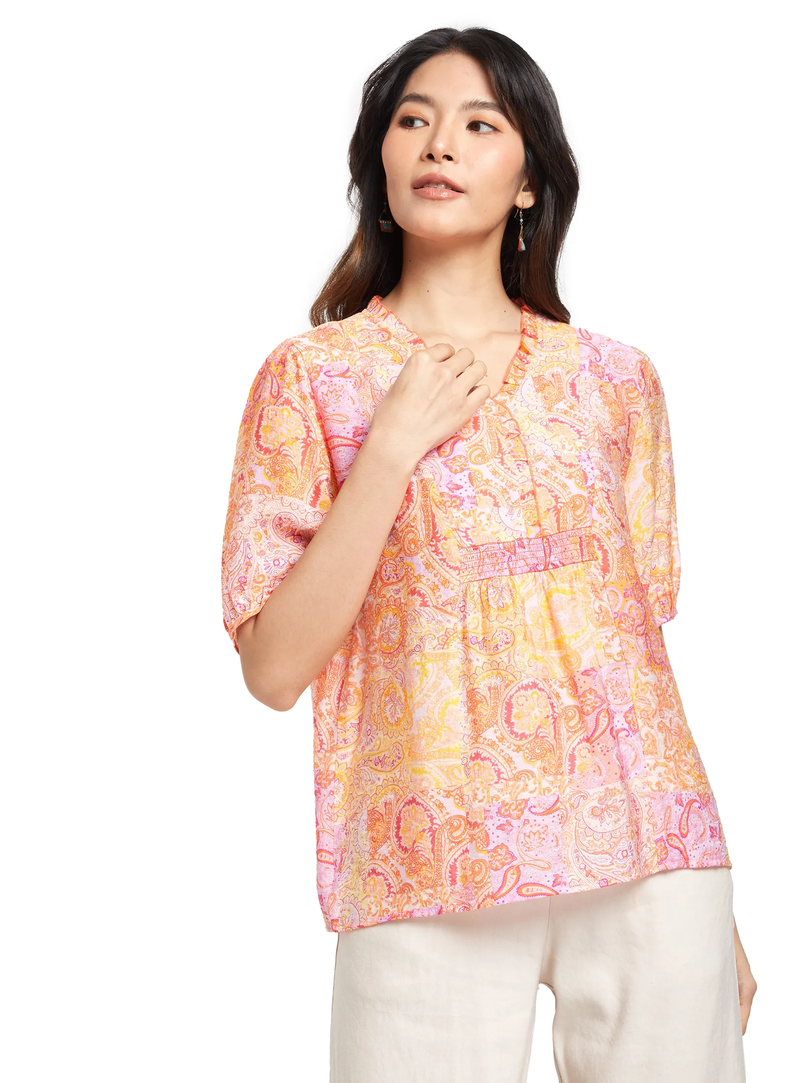 JOURNAL Women Blouse Short Sleeves V-Neck Print