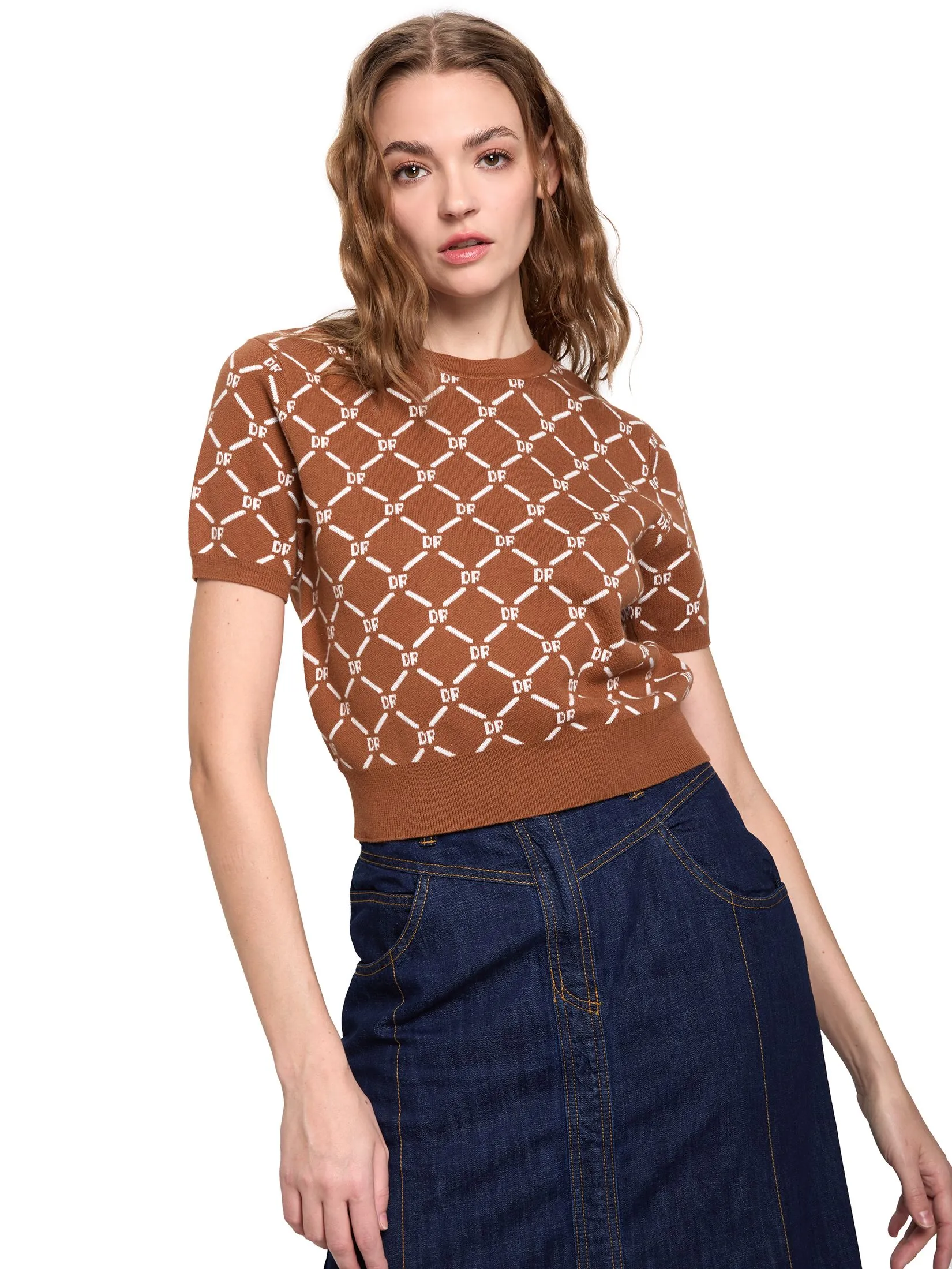 DEFRY 01 Women Blouse Short Sleeves Hem Ribbed 2507EASW081 Brown