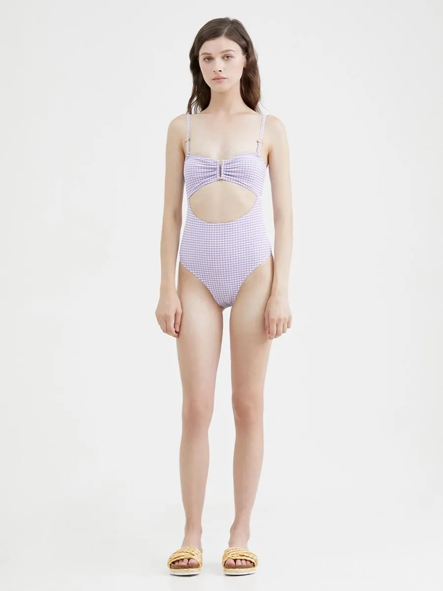 KLOSET (KK22)Open front GINGHAM ONE PIECE purple