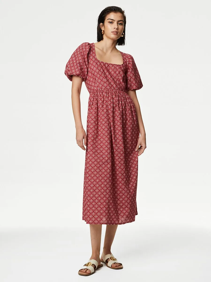 MARKS & SPENCER Women Midi Dress Square Neck Pure Cotton Printed Red Mix