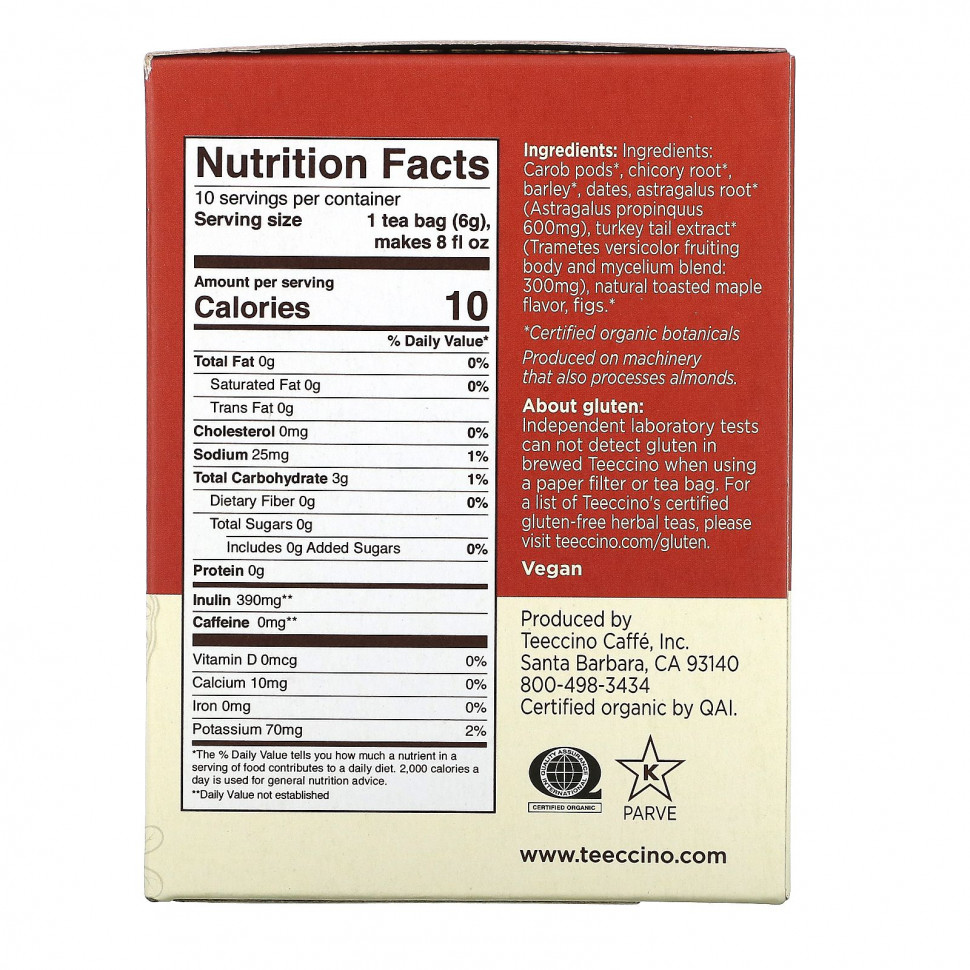Teeccino, Mushroom Herbal Tea, Turkey Tail Astragalus, 10 Tea Bags, 2.12 oz (60 g)
