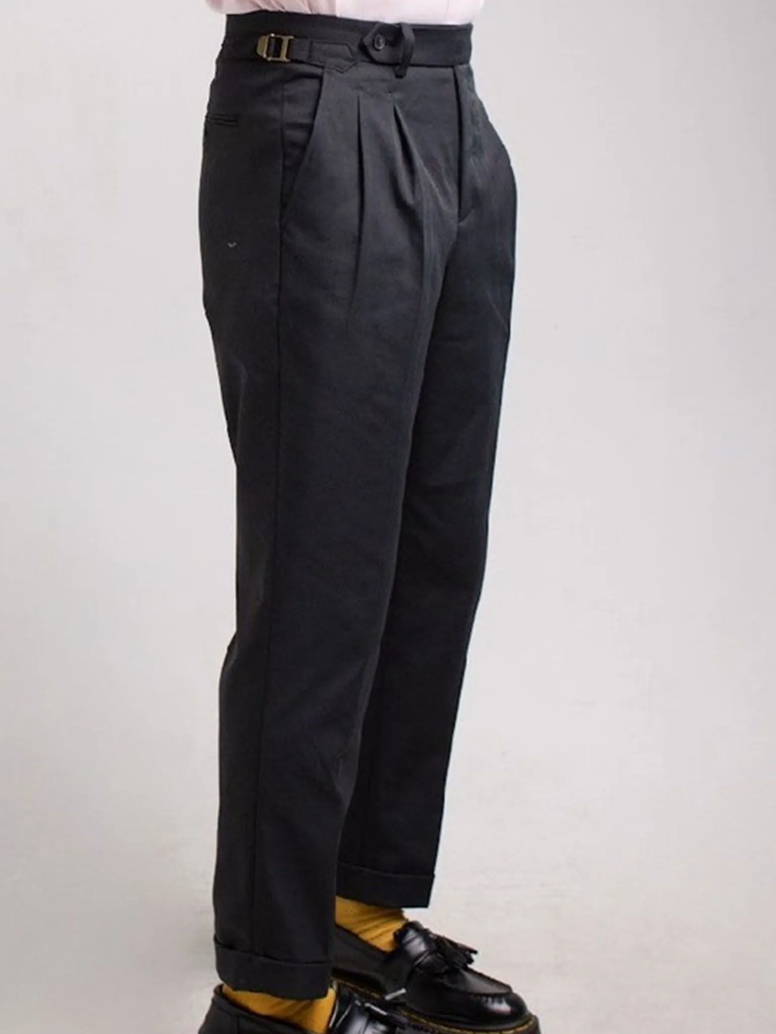 ERA-WON MEN'S PANTS DOUBLE BELTS TROUSERS GOLDEN HOOKS BLACK