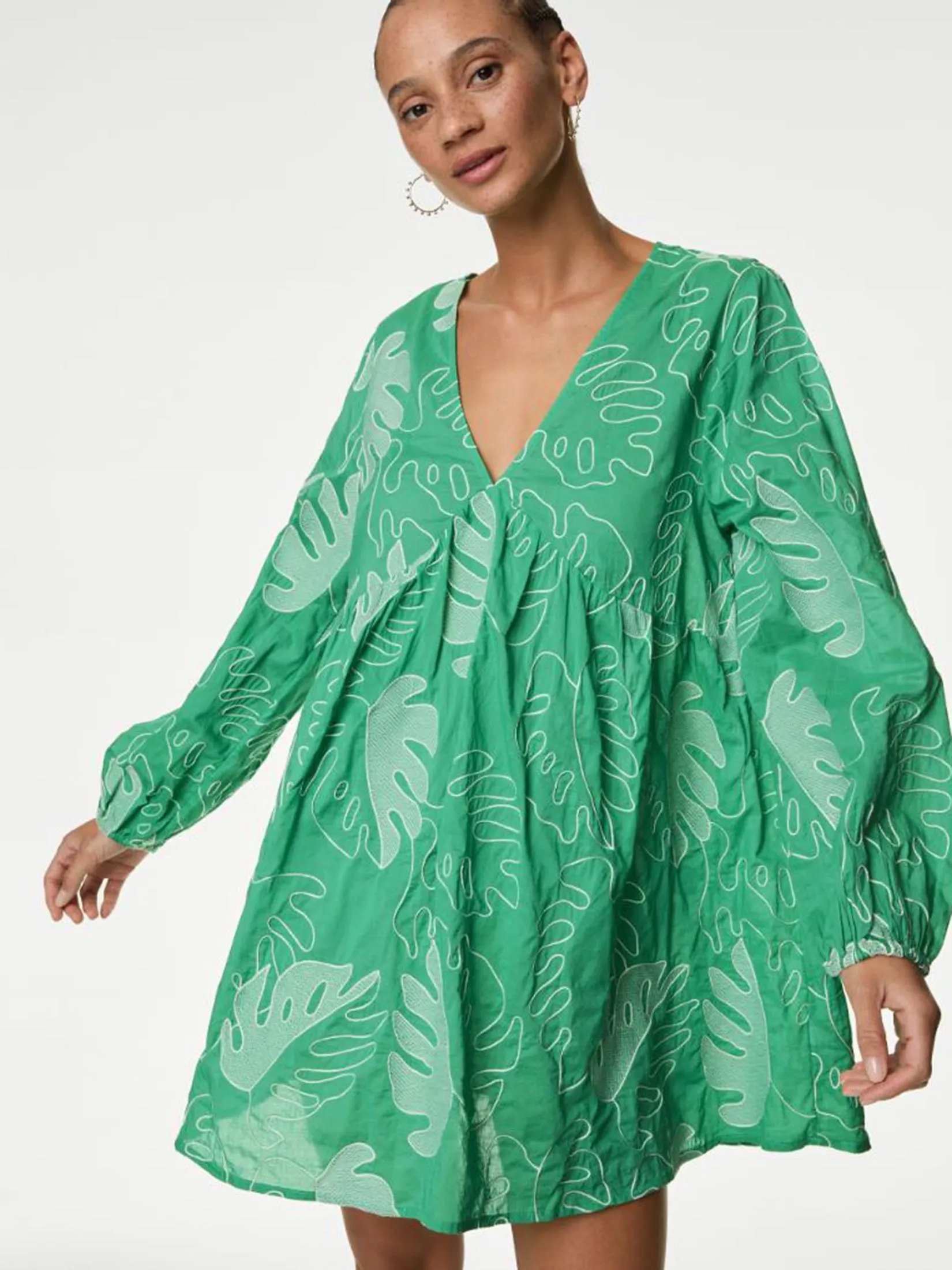 MARKS & SPENCER Women Mini Dress Pure Cotton Embroidered V-Neck Beach Medium Green