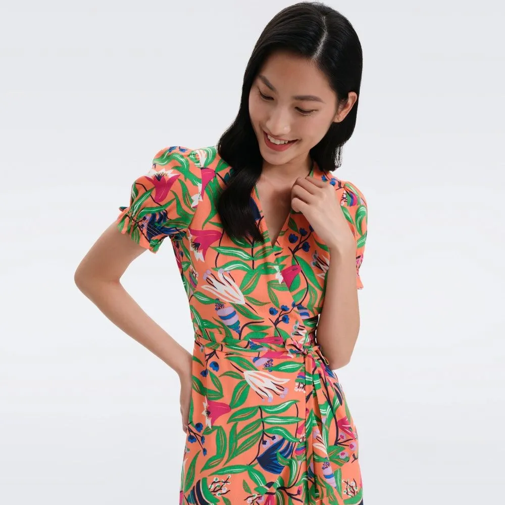 DIANE VON FURSTENBERG DVF EMILIA MINI DRESS FANTASIA FLORAL CORAL REEF