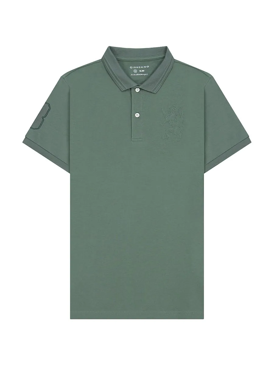 GIORDANO Men's Lycra Pique Embroidery Polo (3D Lion)  Laurel wreath green Size - M