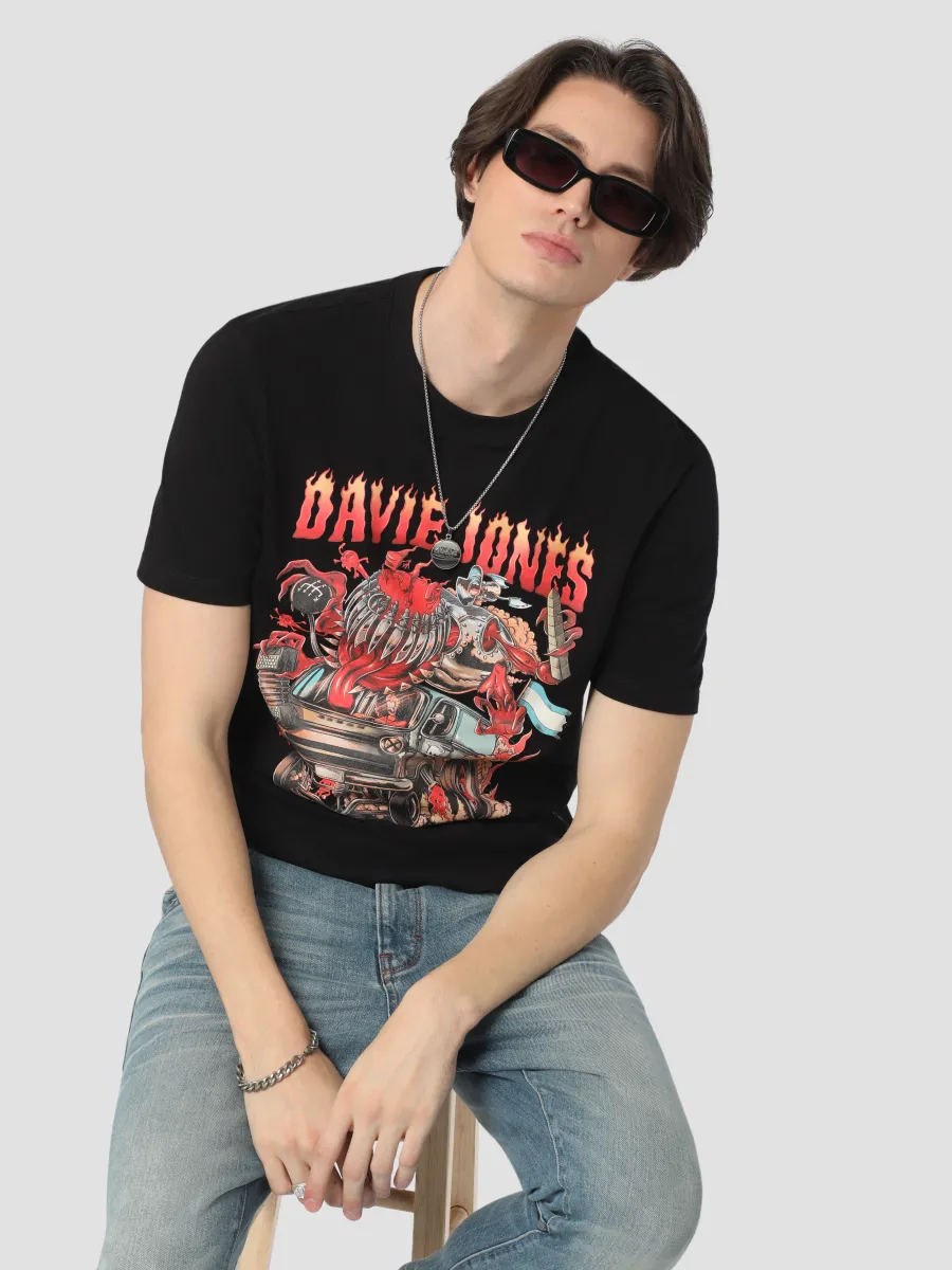 DAVIE JONES Men's Graphic Regular Fit T-Shirt Black