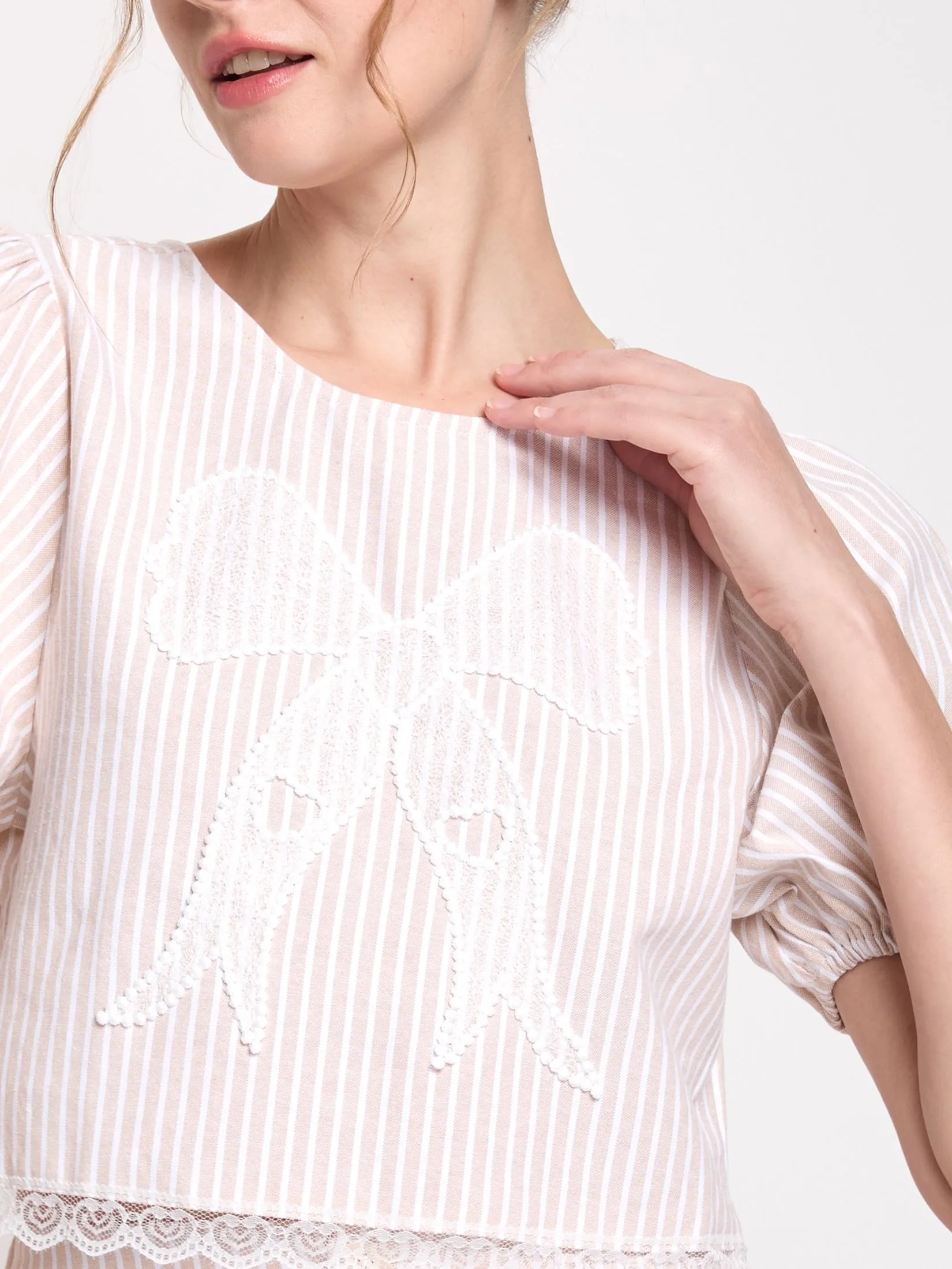 LOLITA Women Blouse With Lace Trim And Back Bow Detail